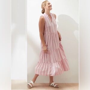 Banana Republic Factory Striped Tiered Midi Dress LG Tall Preppy Nautical Summer